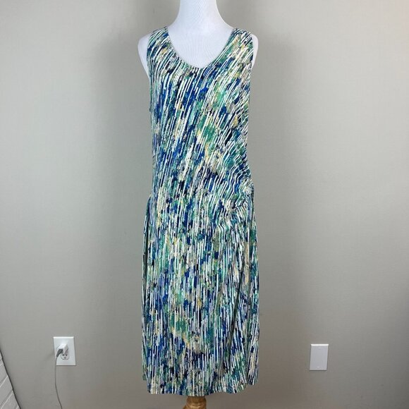 Nic+Zoe Dress XL Blue Geometric Gathered Waist Twist Stretch Knit Sleeveless - Picture 1 of 13